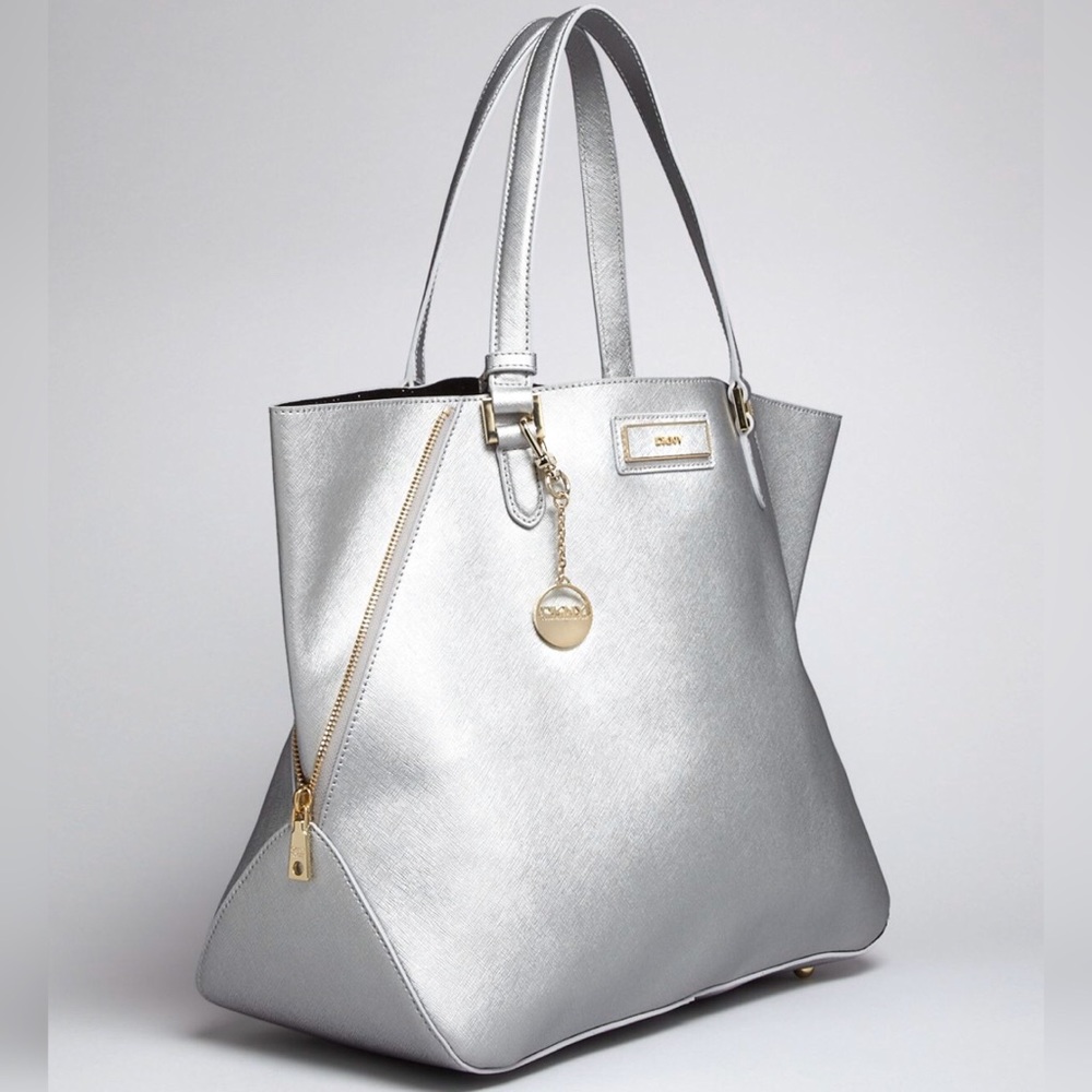 DKNY Saffiano Tote Bag Silver Gold Large Used